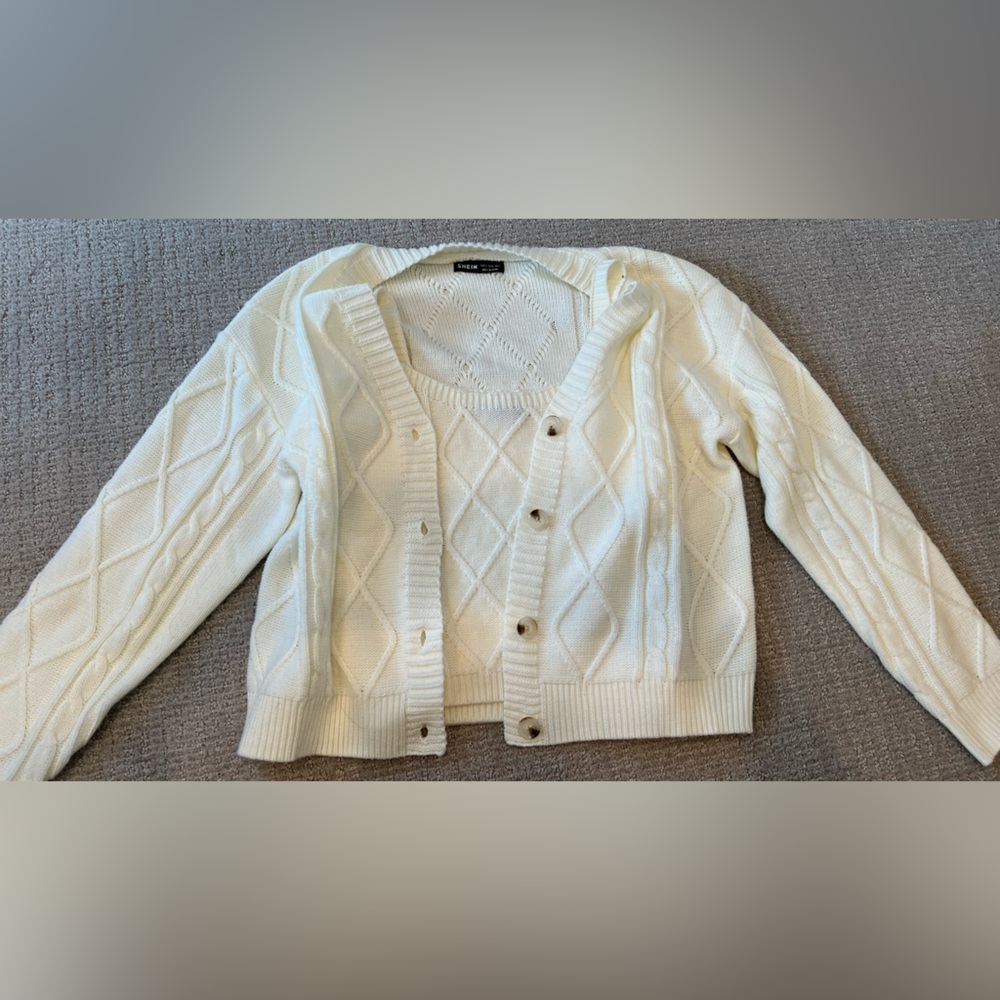 SHEIN Cream Cable Knit Cardigan and Tank Set